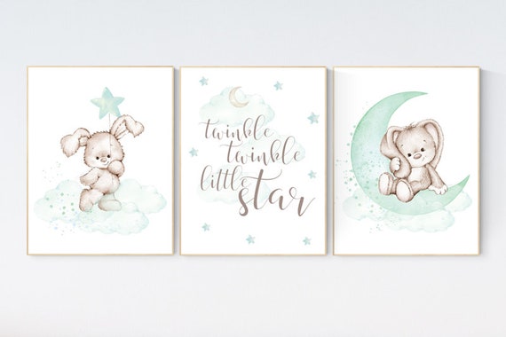 Nursery decor bunny, mint nursery, rabbit nursery decor, mint green nursery, Bunny print nursery, gender neutral nursery, woodland animals