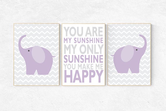 Purple grey nursery decor, You are my sunshine my only sunshine, Baby girl nursery decor, lilac nursery decor, elephant nursery, lavender