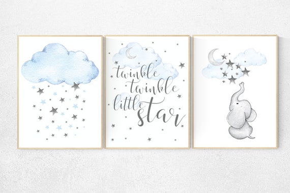 Elephant nursery, Blue and gray, Nursery decor boy, nursery wall art, boys room decor, twinkle twinkle little star, clouds and stars nursery