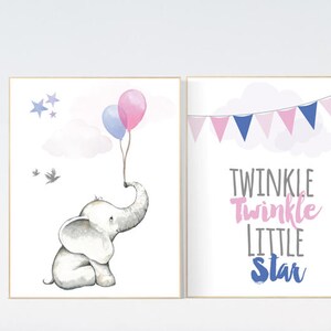 Pink and navy nursery, nursery decor girl elephant, twinkle twinkle little star, nursery wall art elephant, pink navy nursery wall decor