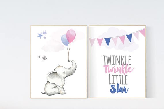 Pink and navy nursery, nursery decor girl elephant, twinkle twinkle little star, nursery wall art elephant, pink navy nursery wall decor