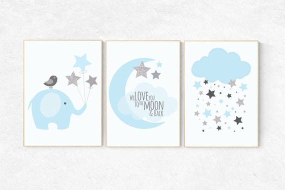 We love you to the moon and stars, nursery, blue gray nursery decor, baby boy nursery, hot air balloon nursery art baby room decor elephant