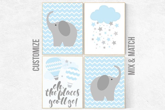 Nursery decor boy, oh the places you'll go, nursery decor elephant, nursery name sign, nursery prints boy, nursery print set boys room decor