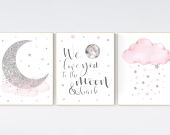 Pink Cloud Nursery Art, Moon and Stars Print