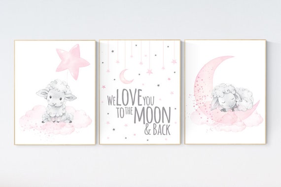 We love you to the moon and back, Nursery decor girl, Sheep nursery decor, nursery decor lambs, , nursery wall art sheep, moon and cloud