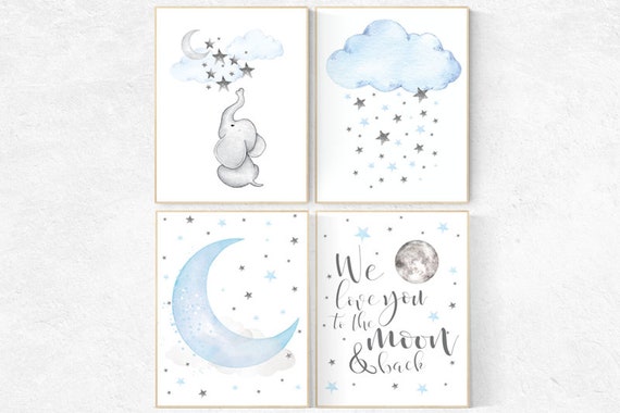 Blue Gray Nursery Art, nursery decor elephant, nursery decor boy cloud, we love you to the moon and back, blue and gray elephant nursery