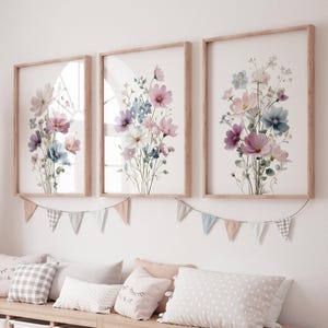 Wildflower Wall Art Set of 3, Soft Pastel Botanical Prints, Pink Flower Decor, Cottagecore Floral Art, Neutral Spring Poster, dorm room