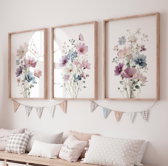 Wildflower Wall Art Set of 3, Soft Pastel Botanical Prints, Pink Flower Decor, Cottagecore Floral Art, Neutral Spring Poster, dorm room