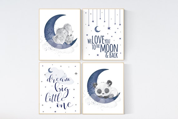 Nursery decor boy elephant, panda, navy blue nursery decor, dream big little one, moon and stars, navy blue nursery, elephant nursery