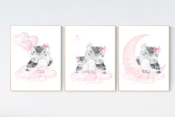 Nursery decor girl owl, nursery wall decor pink, owl nursery art, owl nursery wall art, owls nursery art, nursery wall art moon, animal