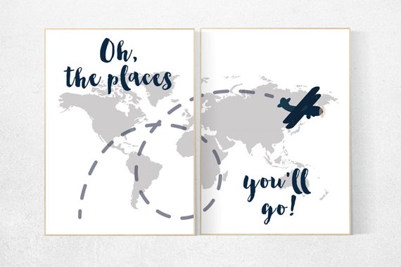 Oh the places you'll go, World Map wall art, world map nursery, Navy gray nursery decor, world map wall art, baby room, nursery wall decor