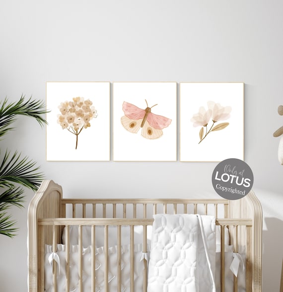 Boho Butterfly Floral Set, Boho nursery, girl nursery decor, Butterfly Nursery Wall Art, Neutral colors, blush nursery, flower nursery