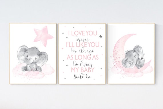 Nursery decor elephant, nursery decor girl elephant, moon and stars, baby room decor girl, nursery prints girl, quote print