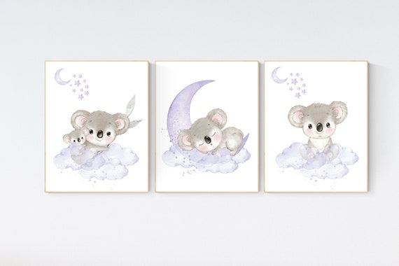 Nursery decor girl, koala nursery, moon and stars, purple nursery art, nursery prints animals, purple nursery decor, koala mother and baby