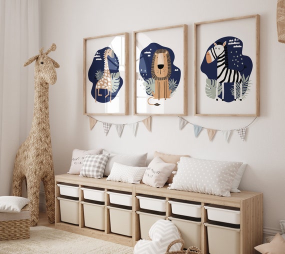 Safari Nursery Wall Prints, Boho Nursery Prints, jungle animals, navy blue Nursery Art, animal Nursery Decor, animal prints