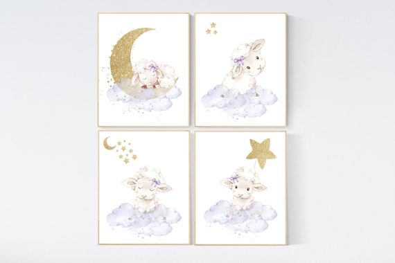 Sheep nursery decor, nursery decor lambs, lavender gold nursery decor, nursery wall art sheep, cloud and star, girl nursery