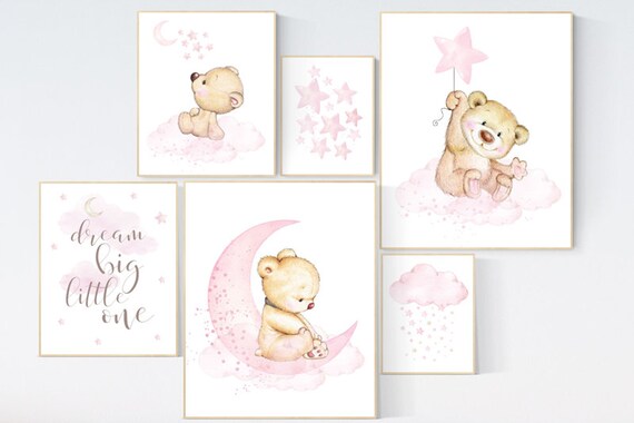 Nursery decor girl, bear nursery decor for girls, nursery decor girl, girl wall art, dream big little one, teddy bear nursery, pink nursery