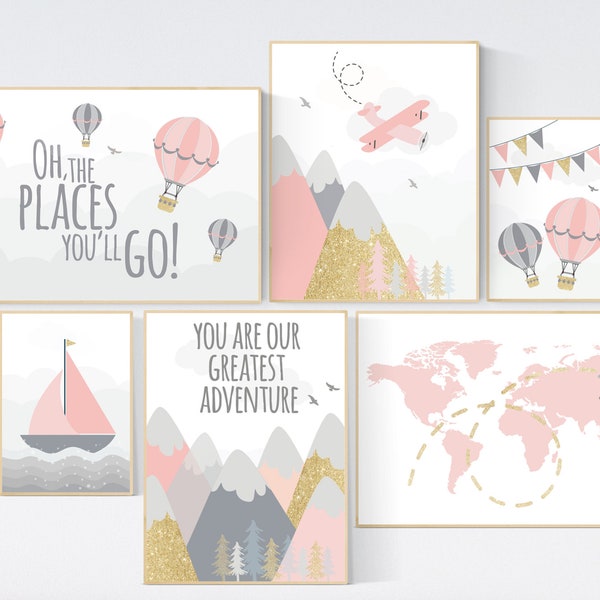 Adventure nursery wall art set, nursery decor girl, travel theme nursery, blush pink, adventure awaits, world map, baby nursery decor