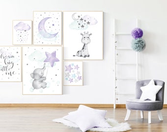 Purple mint nursery wall art, Nursery decor girl purple, elephant, giraffe, lilac nursery print, lavender, purple teal, baby girl nursery