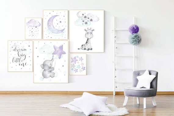 Purple mint nursery wall art, Nursery decor girl purple, elephant, giraffe, lilac nursery print, lavender, purple teal, baby girl nursery