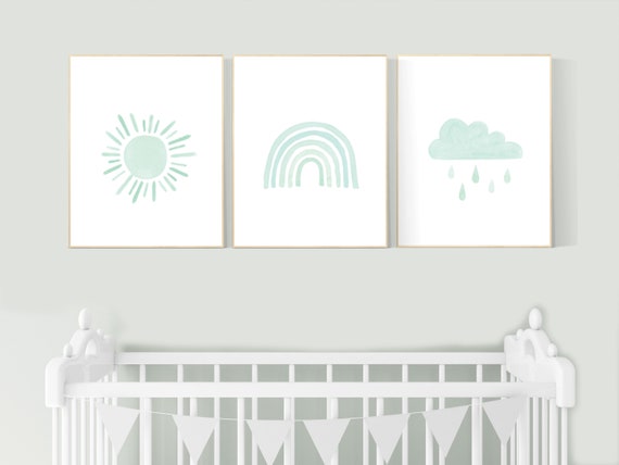 Nursery prints rainbow, gender neutral, mint nursery wall decor, rainbow, moon, cloud, nursery wall art, nursery decor neutral, mint green