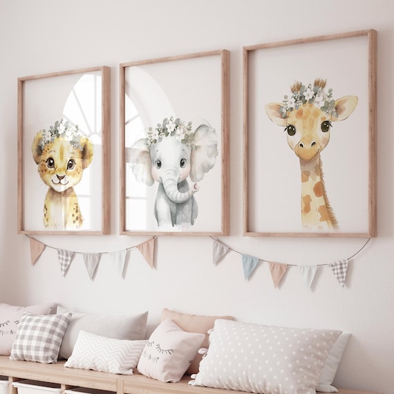 Safari Nursery Art Prints: Baby Animals with Floral Crowns (Set of 3)