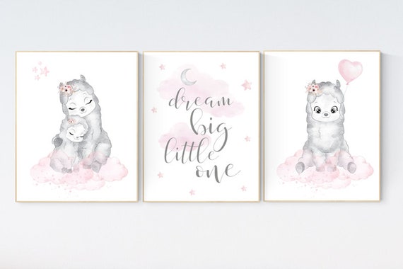 Llama nursery print, nursery decor girl, nursery wall art llama, Llama Print, pink grey, Llama Wall Art, dream big little one, girl nursery