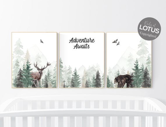 Woodland nursery prints, nursery wall art, forest wall art, green nursery decor, adventure nursery decor, tree nursery prints, adventure