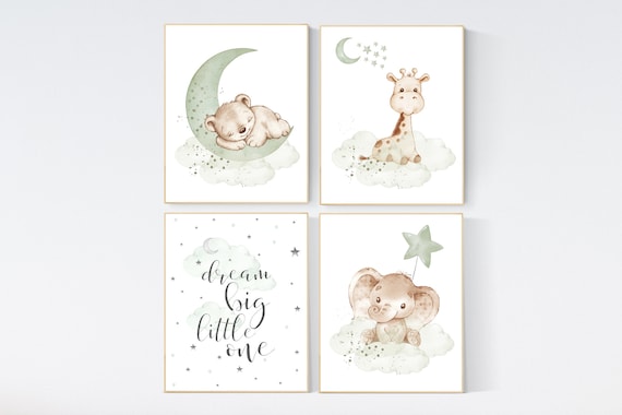 Nursery wall art animals, green nursery, gender neutral nursery, sage green, baby room decor, bear, elephant, giraffe, dream big little one