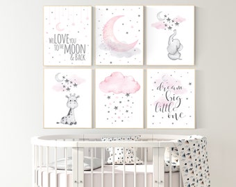 Elephant & Giraffe Nursery Prints: Moon and Stars Wall Art