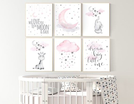 Giraffe nursery, nursery decor girl elephant, Nursery decor elephant, girl room wall art, baby nursery wall art, moon and stars wall art