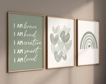Sage Green Nursery Prints: Boho Rainbow, Hearts, Affirmations