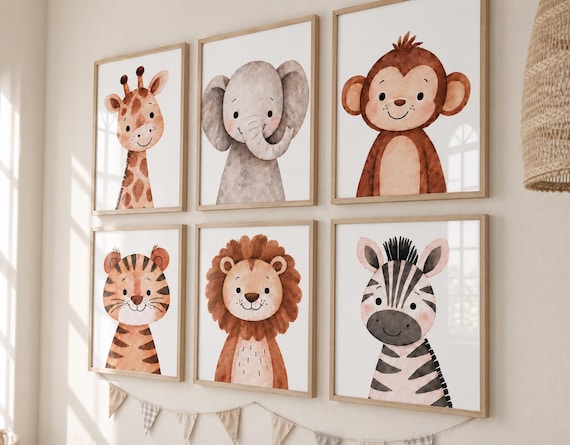 Safari Animal Nursery Prints: Watercolor Jungle Animals, Set of 6