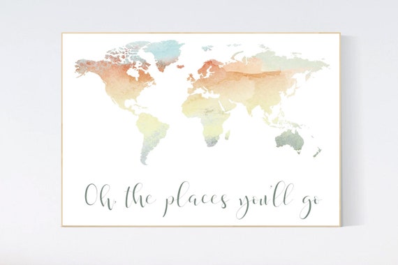 Watercolor World Map, nursery decor world map, neutral colors, gender neutral, Nursery Print, travel themed nursery, natural colors, earth