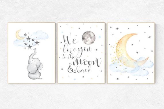 Nursery wall art elephant, neutral nursery, Gender neutral nursery, we love you to the moon and back, Baby wall decor, baby room decor, moon