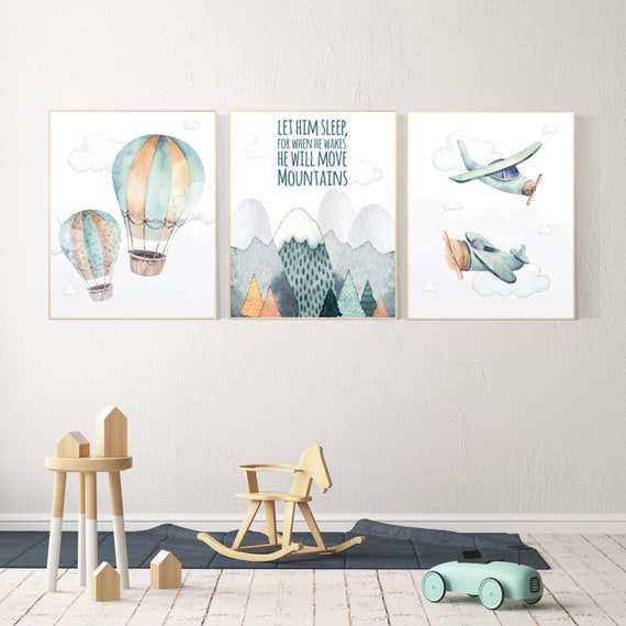 Nursery decor boy mountain, adventure nursery, travel theme nursery, woodland, gender neutral, let him sleep, hot air balloon, plane