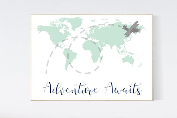 World map mint, nursery decor mint green, mint nursery, gender neutral nursery, travel nursery, world map nursery, mint green decor