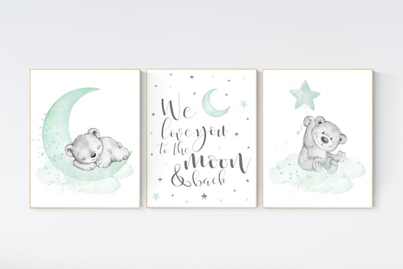 Nursery wall art animals, Nursery wall art mint and gray, baby room decor mint and gray, woodland, jungle, elephant, giraffe, bear, prints