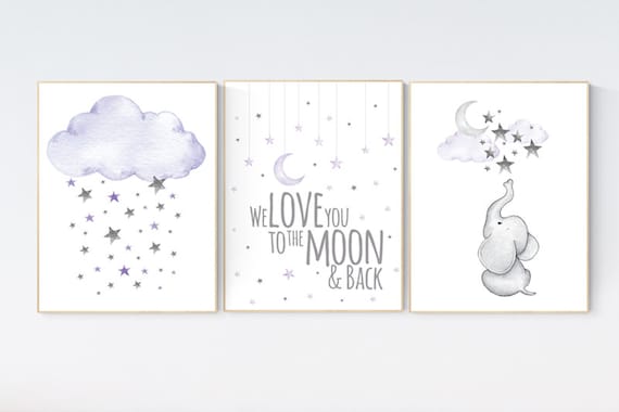 Nursery decor girl purple, lilac nursery decor, nursery decor girl elephant, cloud and stars nursery wall art, nursery prints girl, lavender