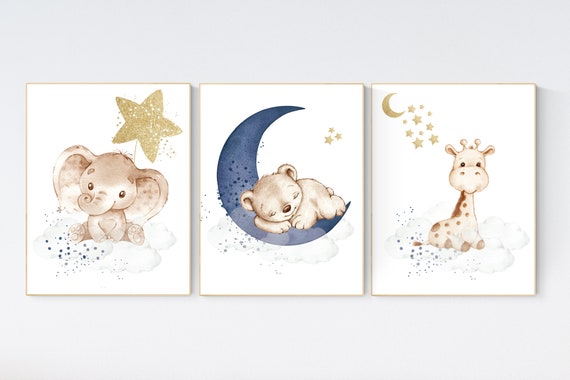 Nursery wall art animals, baby room decor navy gold, baby room decor bear, elephant, giraffe, animal nursery decor, nursery prints