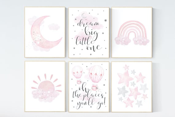 Nursery prints girl, pink grey, rainbow, moon and star, cloud, sun, baby room decor, girl nursery wall art, pink gray, nursery wall decor