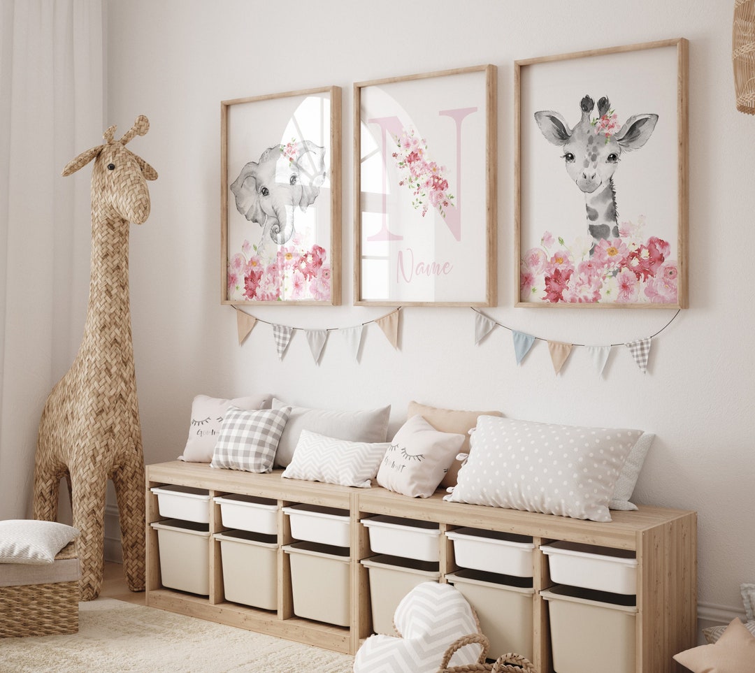 Pink Floral Safari Animal Prints: Girl Nursery Wall Art - Etsy