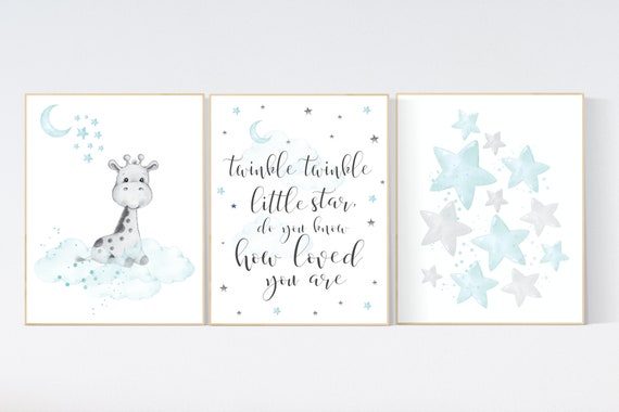 Nursery decor teal, giraffe nursery, twinkle twinkle little star, teal nursery wall decor, stars, nursery decor gender neutral