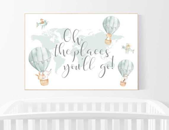 Hot air balloon nursery, Nursery decor neutral, gender neutral, animal nursery, woodland animals, sage green, green nursery, animal prints