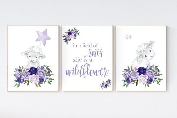 Nursery decor girl purple, nursery decor girl, flower nursery, nursery decor lambs, Sheep nursery decor, lavender and gray, lilac nursery
