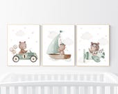 Nursery decor bear, gender neutral nursery, travel nursery, plane nursery, car nursery, bear nursery print, teddy bear decor, sage green