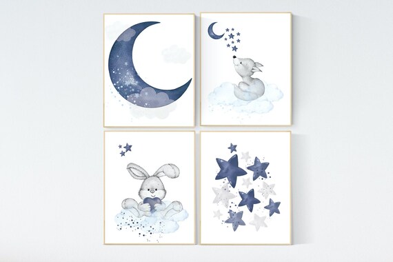 Nursery decor animals, rabbit, fox, animal nursery prints, navy blue nursery, baby room wall decor, animal prints, moon, stars, bunny