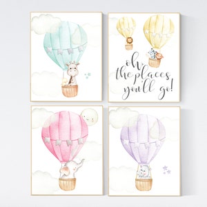 hot air balloon nursery wall art, nursery decor animals, elephant, giraffe, bear, bunny, gender neutral, twin, elegant, baby registry