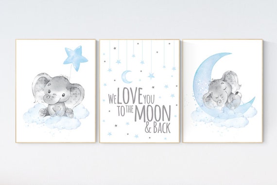 Nursery decor boy elephant, nursery wall art elephant, we love you to the moon and back, Elephant Nursery, boy nursery art, moon and stars