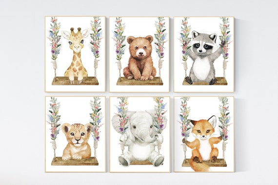 Animal nursery, animal on swing, Jungle Animals, Safari Animal Nursery Prints, safari animals, safari nursery,  spring flowers, girl nursery